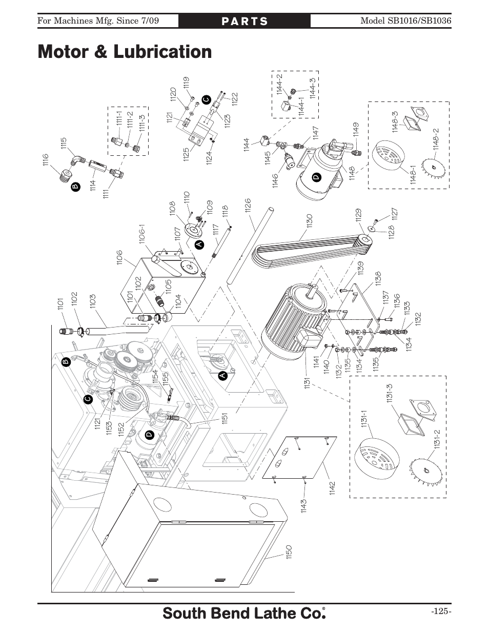 Motor & lubrication | Southbend 18' & 60: EVS Toolroom Lathes 220v sb1016 User Manual | Page 127 / 144