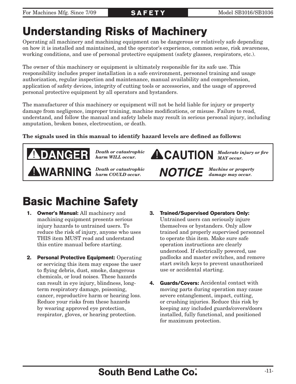 Understanding risks of machinery, Basic machine safety | Southbend 18' & 60: EVS Toolroom Lathes 220v sb1016 User Manual | Page 13 / 144