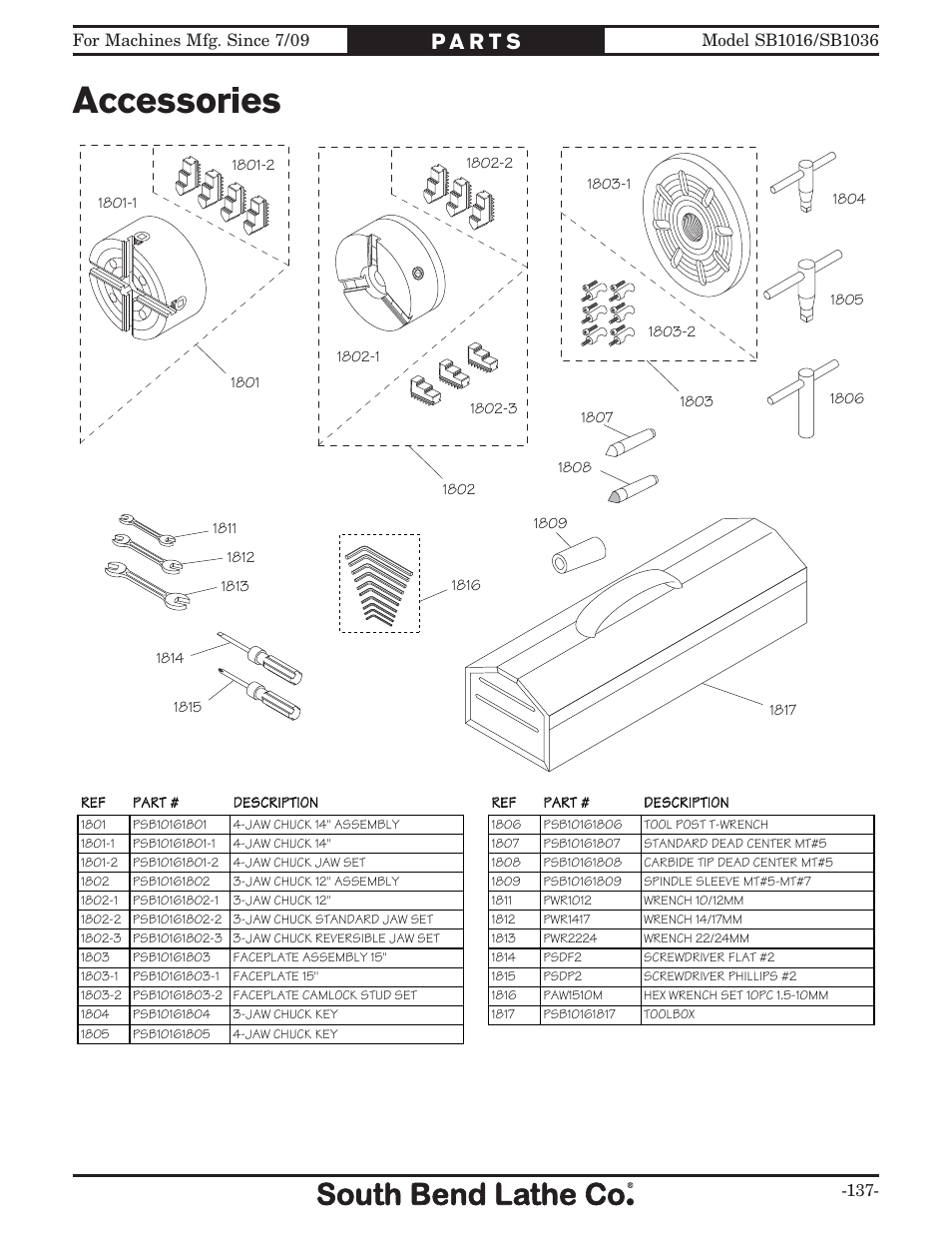 Accessories | Southbend 18' & 60: EVS Toolroom Lathes 220v sb1016 User Manual | Page 139 / 144