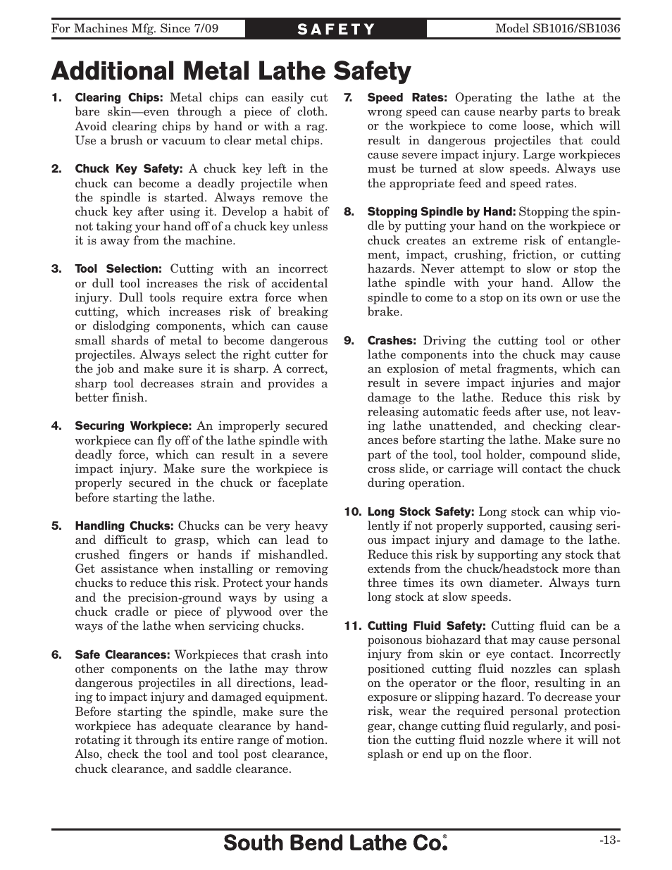 Additional metal lathe safety | Southbend 18' & 60: EVS Toolroom Lathes 220v sb1016 User Manual | Page 15 / 144