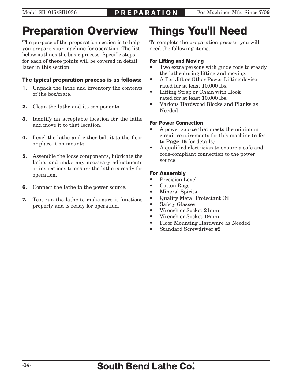 Preparation overview things you'll need | Southbend 18' & 60: EVS Toolroom Lathes 220v sb1016 User Manual | Page 16 / 144