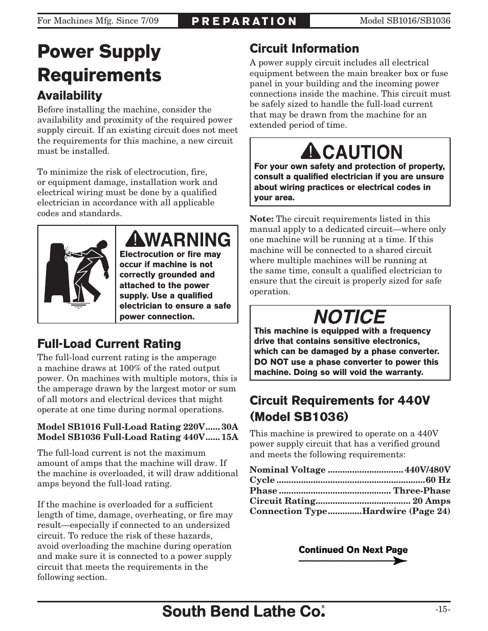 Power supply requirements, Availability, Full-load current rating | Southbend 18' & 60: EVS Toolroom Lathes 220v sb1016 User Manual | Page 17 / 144