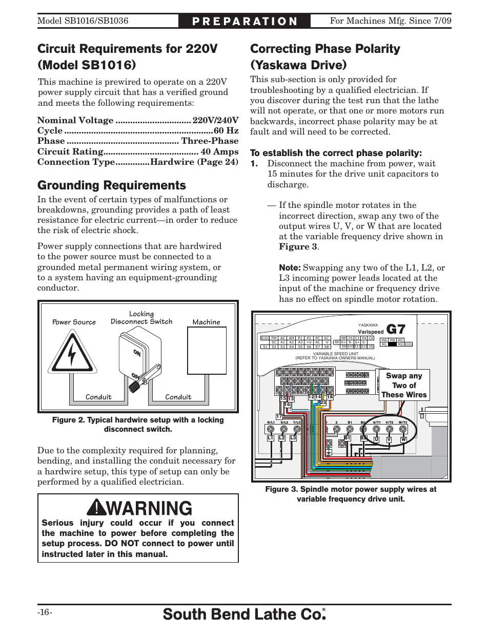 Correcting phase polarity (yaskawa drive), Grounding requirements | Southbend 18' & 60: EVS Toolroom Lathes 220v sb1016 User Manual | Page 18 / 144