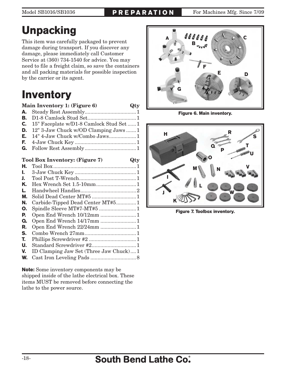 Inventory, Unpacking | Southbend 18' & 60: EVS Toolroom Lathes 220v sb1016 User Manual | Page 20 / 144