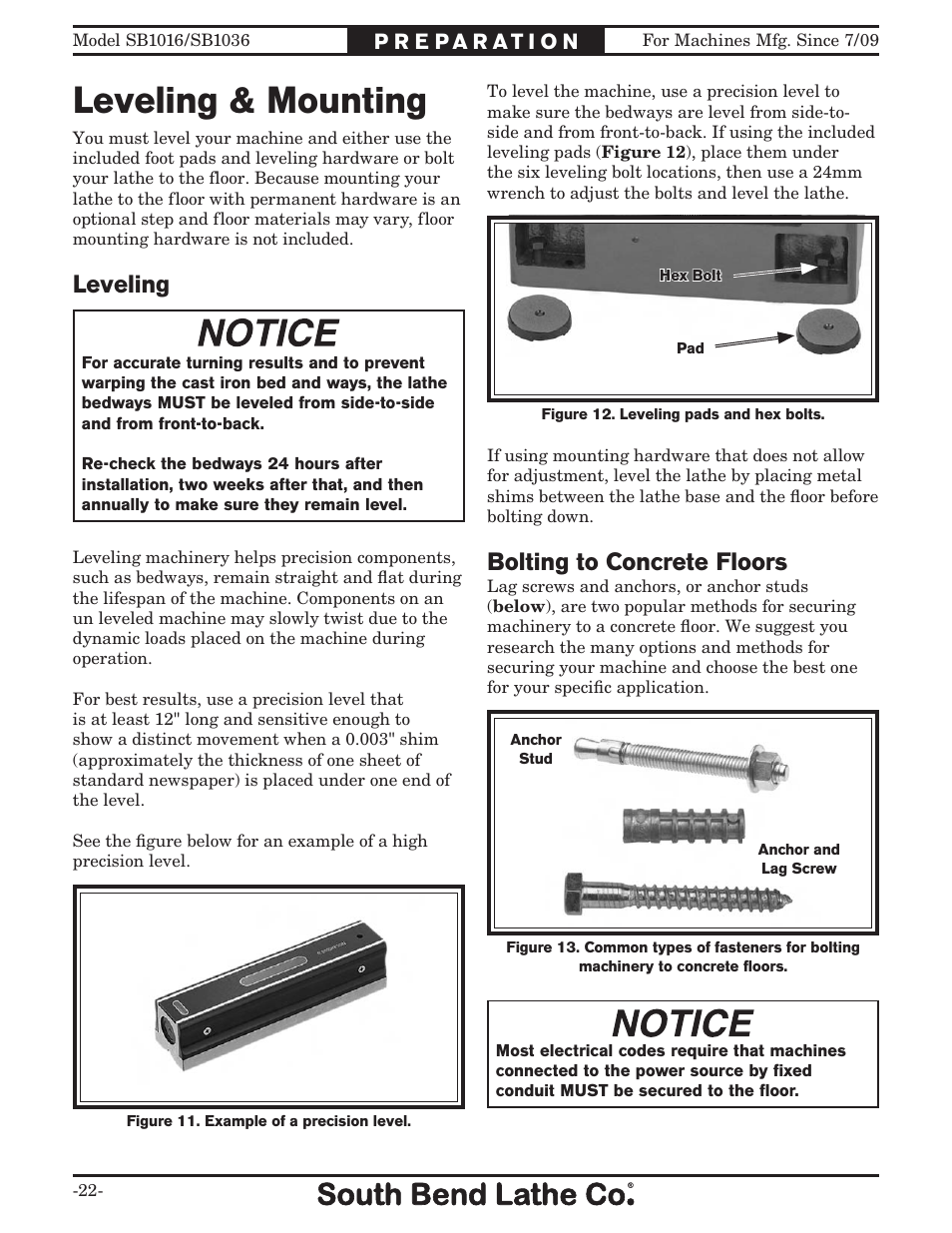 Leveling & mounting, Leveling, Bolting to concrete floors | Southbend 18' & 60: EVS Toolroom Lathes 220v sb1016 User Manual | Page 24 / 144