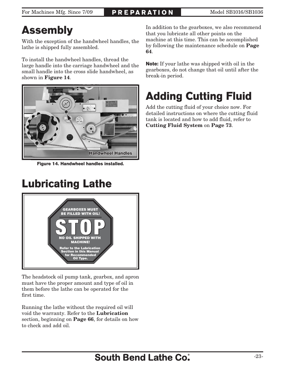 Assembly, Lubricating lathe, Adding cutting fluid | Southbend 18' & 60: EVS Toolroom Lathes 220v sb1016 User Manual | Page 25 / 144