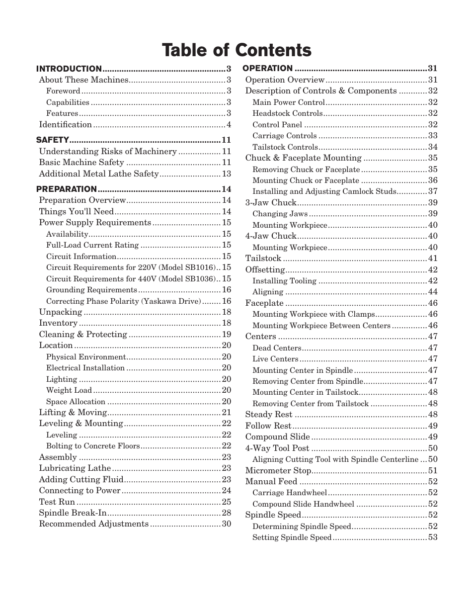 Southbend 18' & 60: EVS Toolroom Lathes 220v sb1016 User Manual | Page 3 / 144