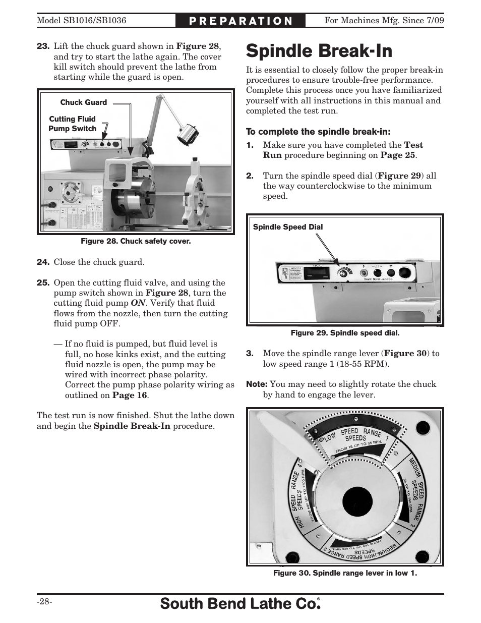 Spindle break-in | Southbend 18' & 60: EVS Toolroom Lathes 220v sb1016 User Manual | Page 30 / 144