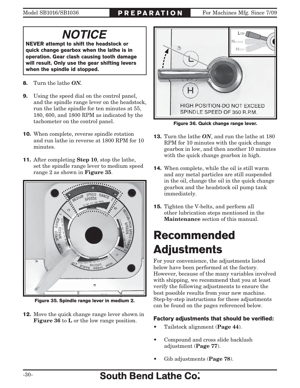 Recommended adjustments | Southbend 18' & 60: EVS Toolroom Lathes 220v sb1016 User Manual | Page 32 / 144