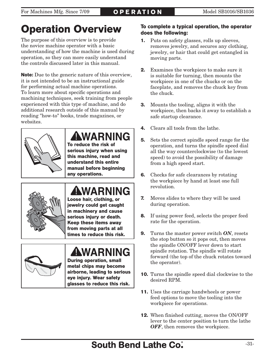 Operation overview | Southbend 18' & 60: EVS Toolroom Lathes 220v sb1016 User Manual | Page 33 / 144