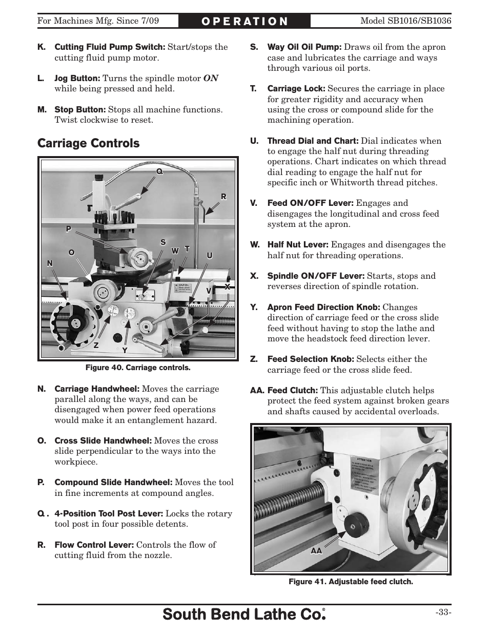 Carriage controls | Southbend 18' & 60: EVS Toolroom Lathes 220v sb1016 User Manual | Page 35 / 144