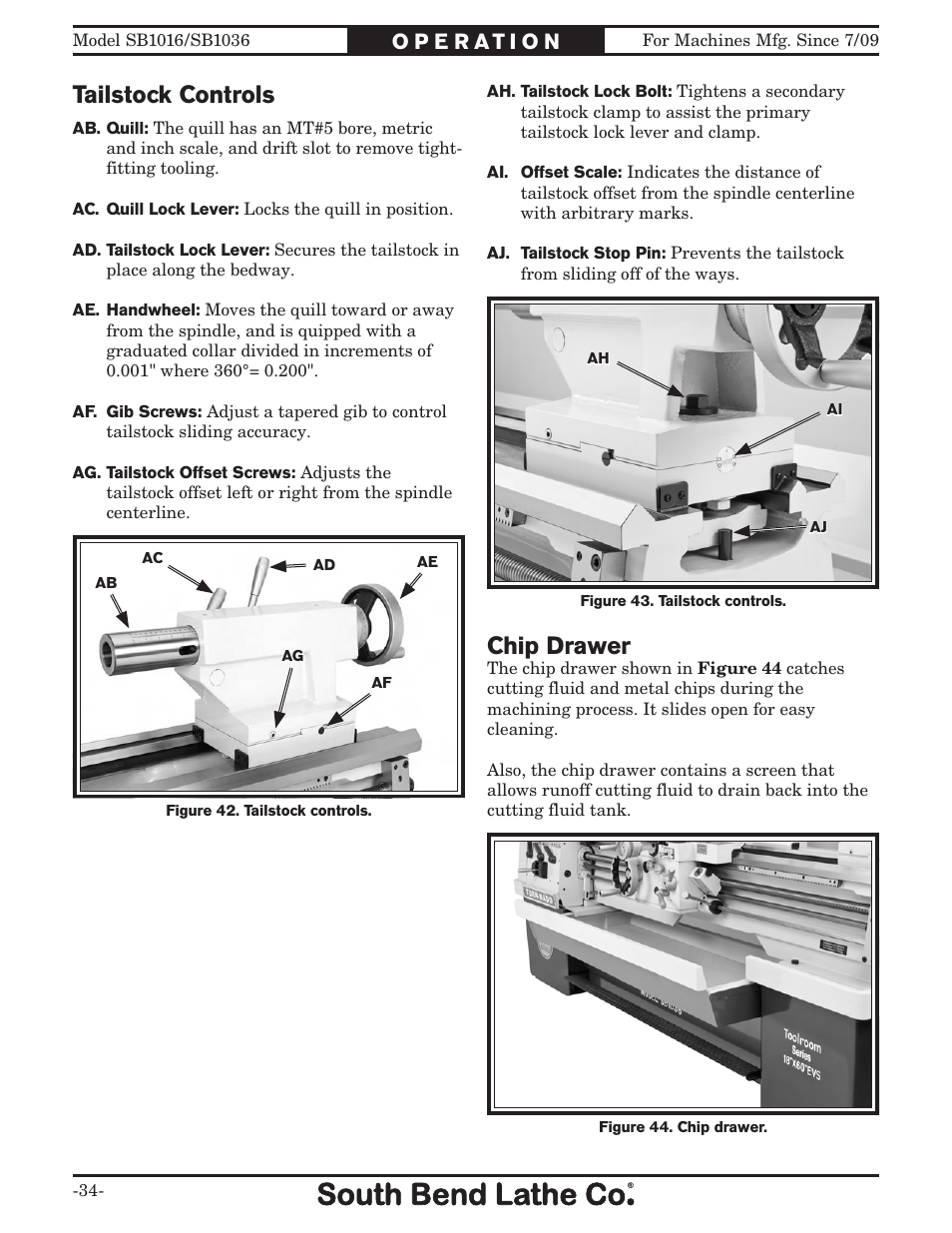 Tailstock controls, Chip drawer | Southbend 18' & 60: EVS Toolroom Lathes 220v sb1016 User Manual | Page 36 / 144