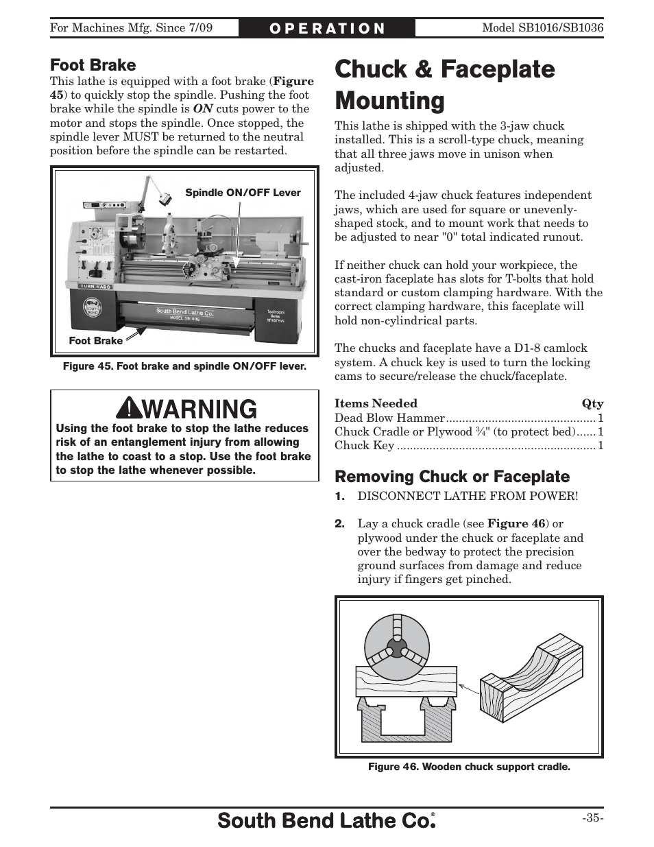 Chuck & faceplate mounting, Foot brake, Removing chuck or faceplate | Southbend 18' & 60: EVS Toolroom Lathes 220v sb1016 User Manual | Page 37 / 144