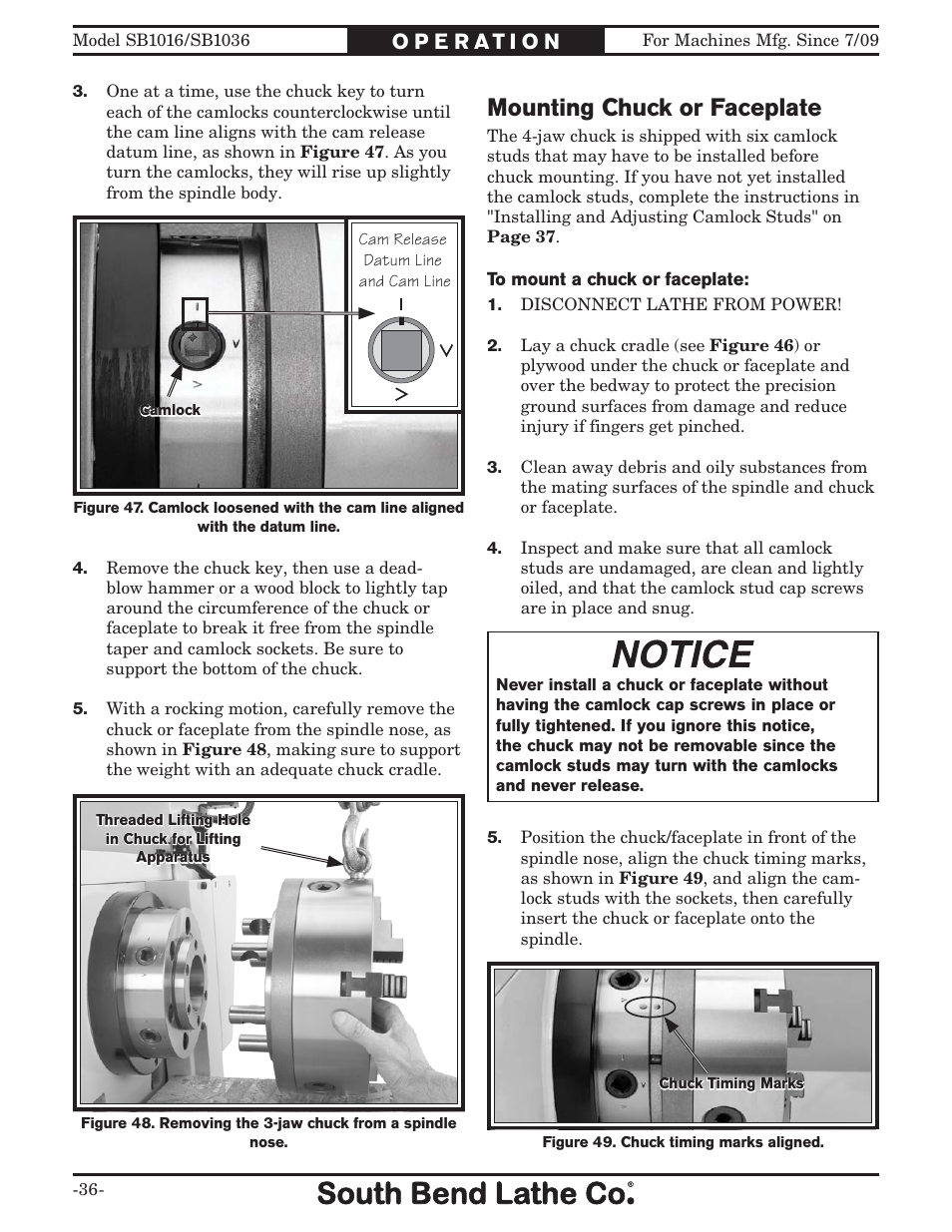 Mounting chuck or faceplate | Southbend 18' & 60: EVS Toolroom Lathes 220v sb1016 User Manual | Page 38 / 144