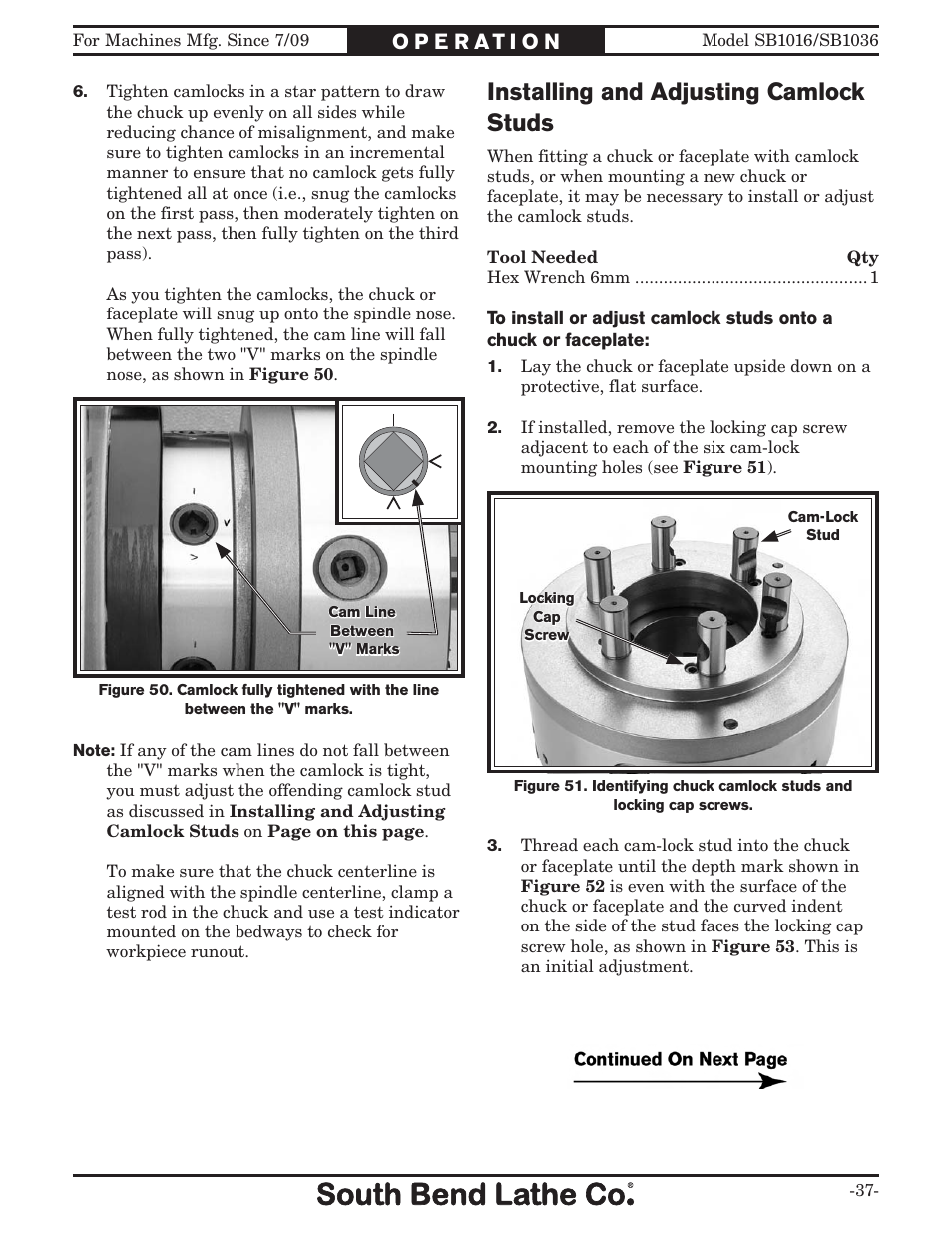 Installing and adjusting camlock studs | Southbend 18' & 60: EVS Toolroom Lathes 220v sb1016 User Manual | Page 39 / 144