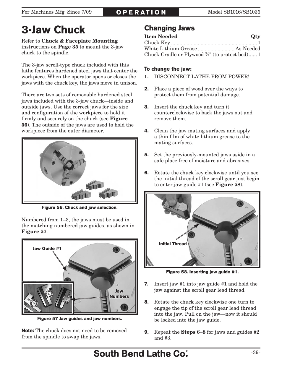 Jaw chuck, Changing jaws | Southbend 18' & 60: EVS Toolroom Lathes 220v sb1016 User Manual | Page 41 / 144