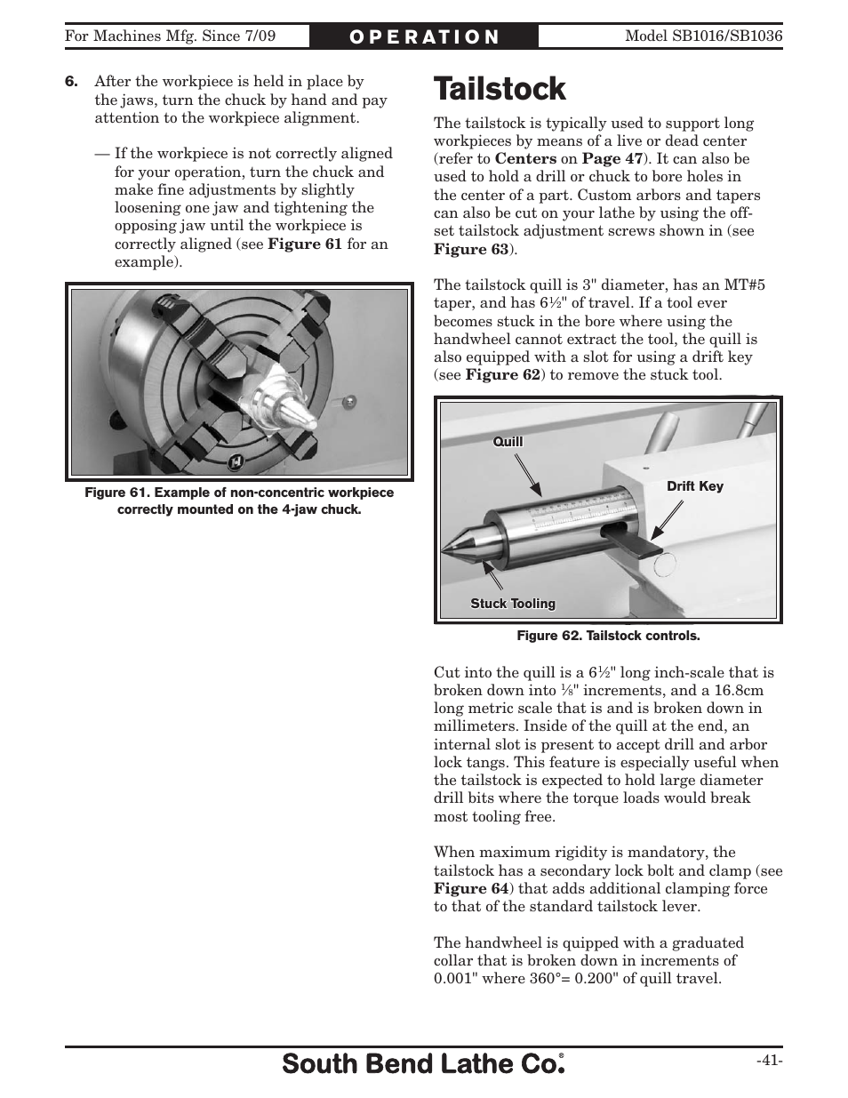 Tailstock | Southbend 18' & 60: EVS Toolroom Lathes 220v sb1016 User Manual | Page 43 / 144