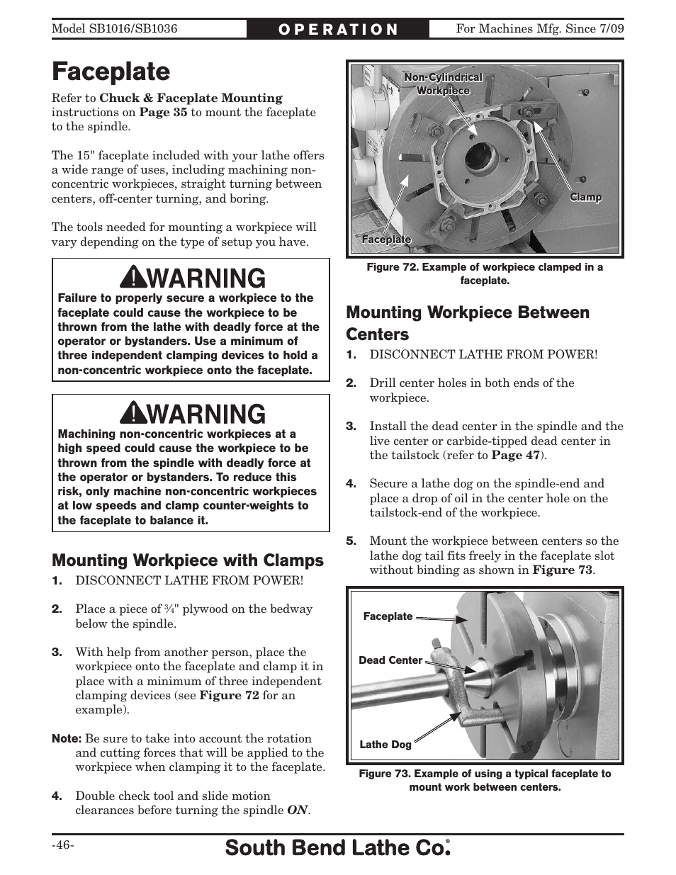 Faceplate, Mounting workpiece with clamps, Mounting workpiece between centers | Southbend 18' & 60: EVS Toolroom Lathes 220v sb1016 User Manual | Page 48 / 144