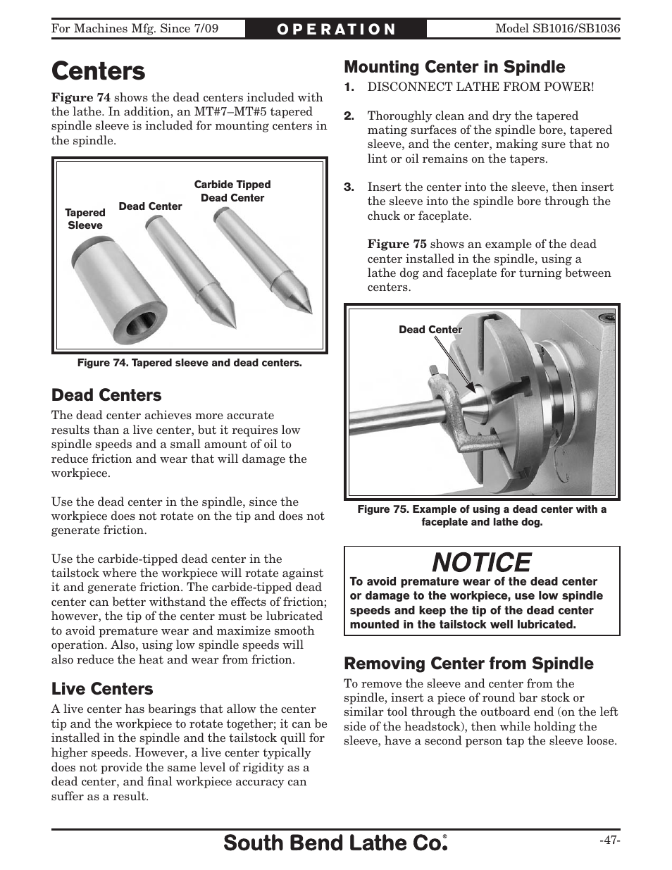 Centers, Mounting center in spindle, Dead centers | Live centers, Removing center from spindle | Southbend 18' & 60: EVS Toolroom Lathes 220v sb1016 User Manual | Page 49 / 144