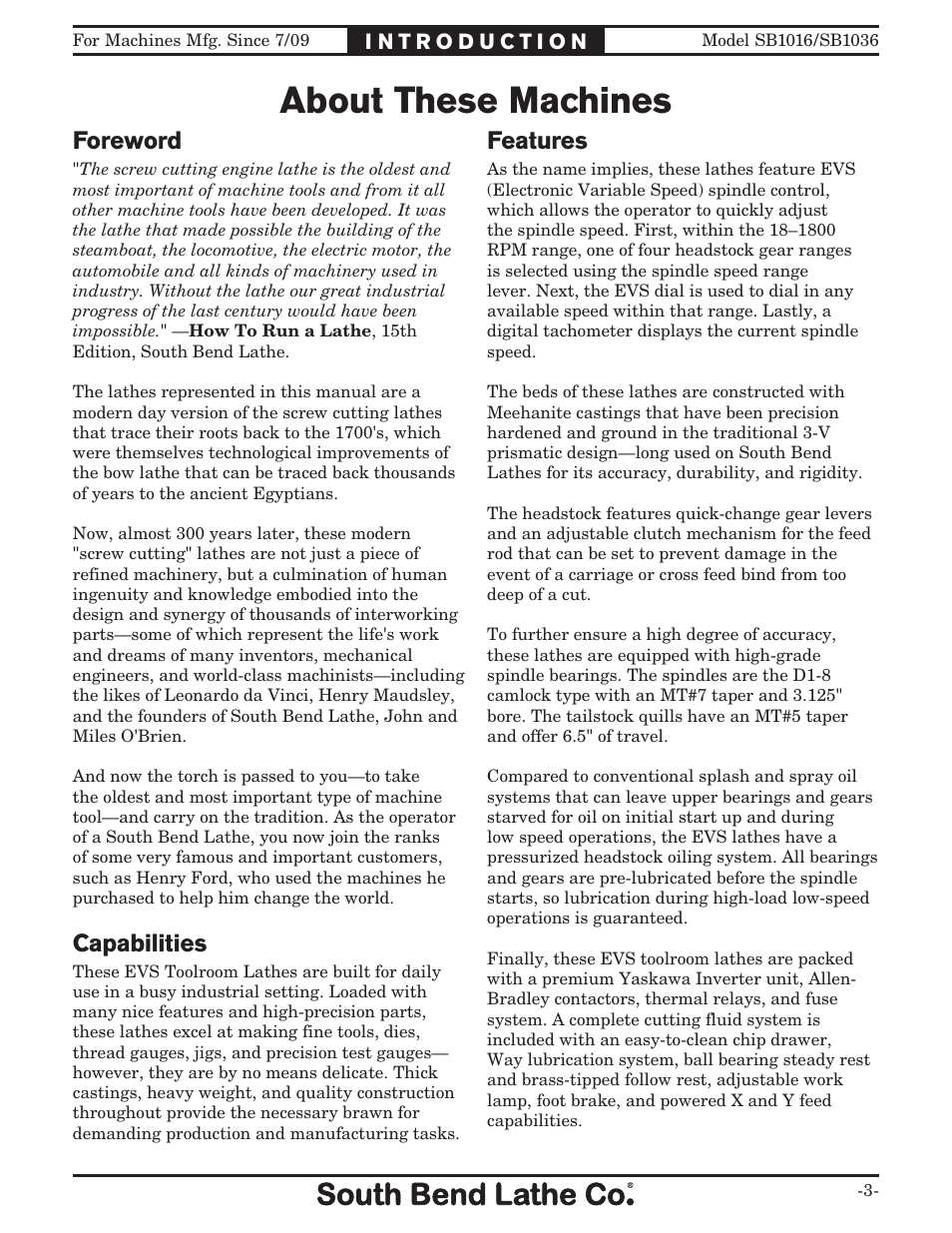 About these machines, Foreword, Features | Capabilities | Southbend 18' & 60: EVS Toolroom Lathes 220v sb1016 User Manual | Page 5 / 144