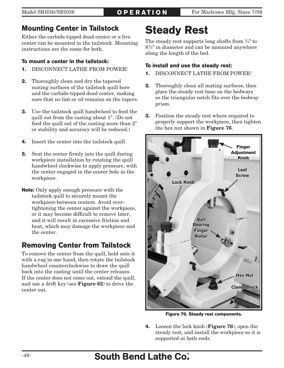 Steady rest, Mounting center in tailstock, Removing center from tailstock | Southbend 18' & 60: EVS Toolroom Lathes 220v sb1016 User Manual | Page 50 / 144