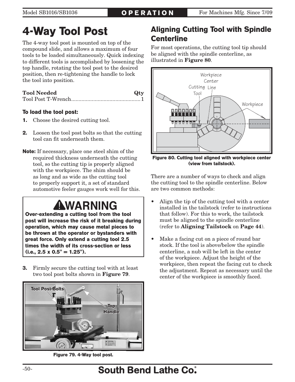 Way tool post, Aligning cutting tool with spindle centerline | Southbend 18' & 60: EVS Toolroom Lathes 220v sb1016 User Manual | Page 52 / 144