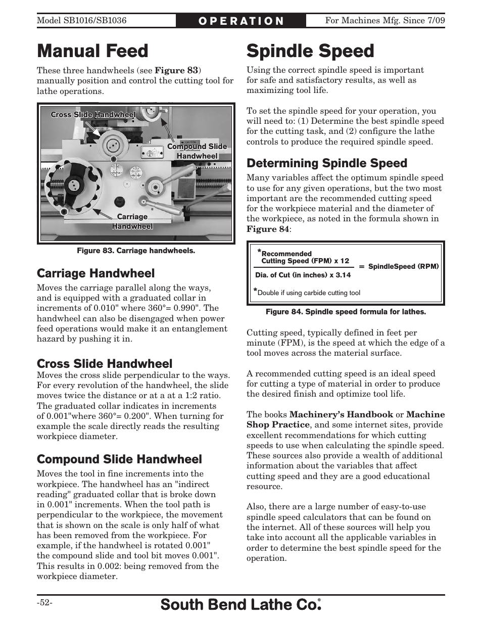 Manual feed, Spindle speed, Carriage handwheel | Cross slide handwheel, Compound slide handwheel, Determining spindle speed | Southbend 18' & 60: EVS Toolroom Lathes 220v sb1016 User Manual | Page 54 / 144