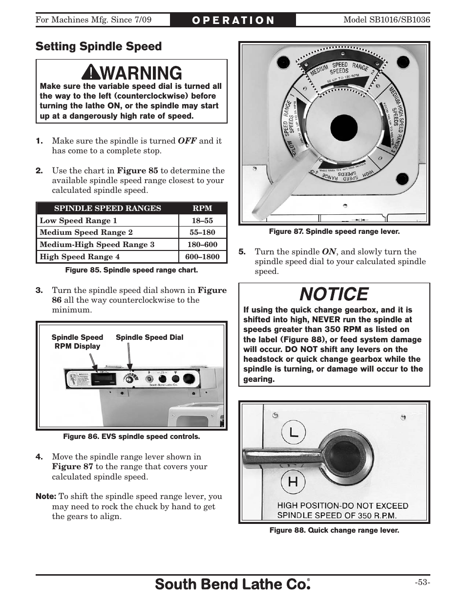 Setting spindle speed | Southbend 18' & 60: EVS Toolroom Lathes 220v sb1016 User Manual | Page 55 / 144