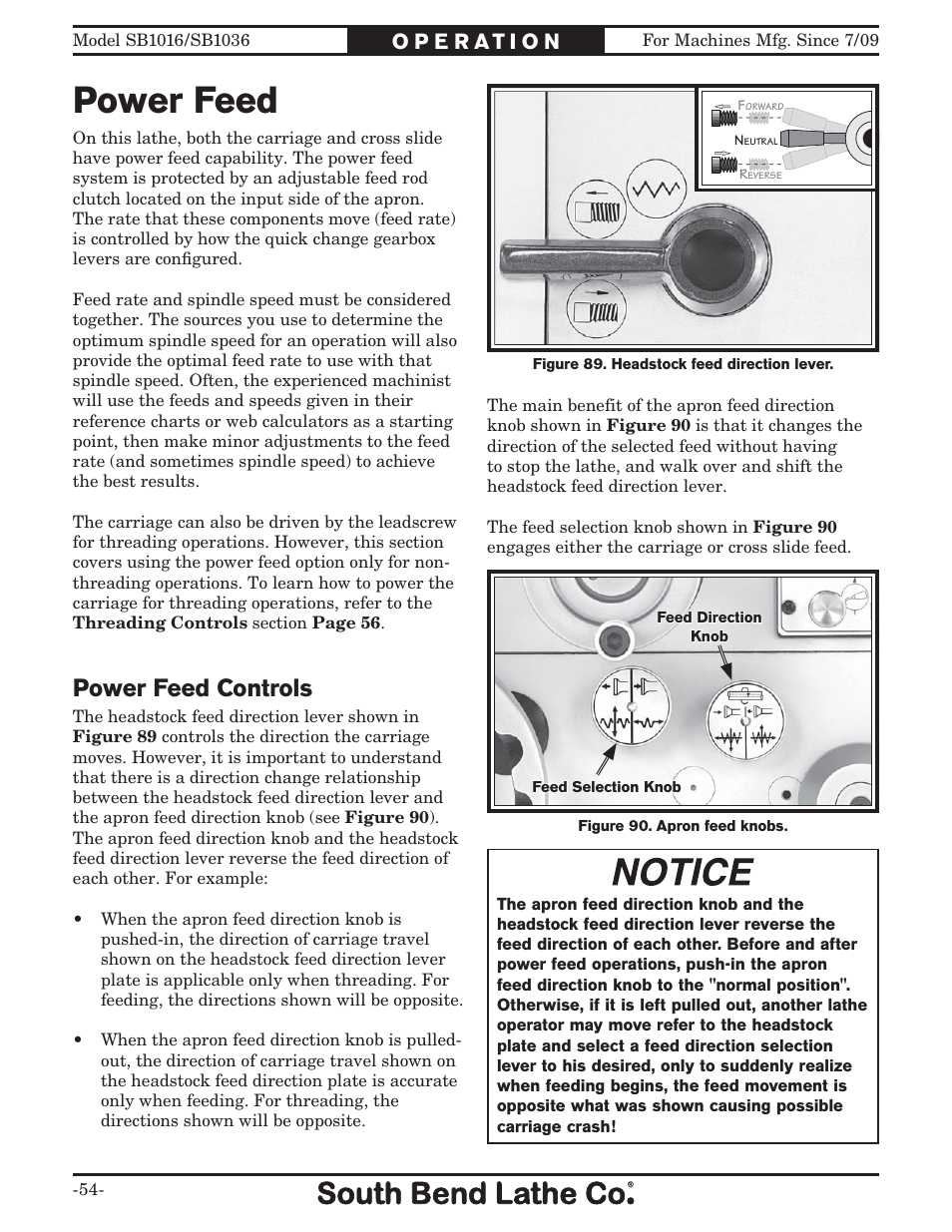 Power feed, Power feed controls | Southbend 18' & 60: EVS Toolroom Lathes 220v sb1016 User Manual | Page 56 / 144