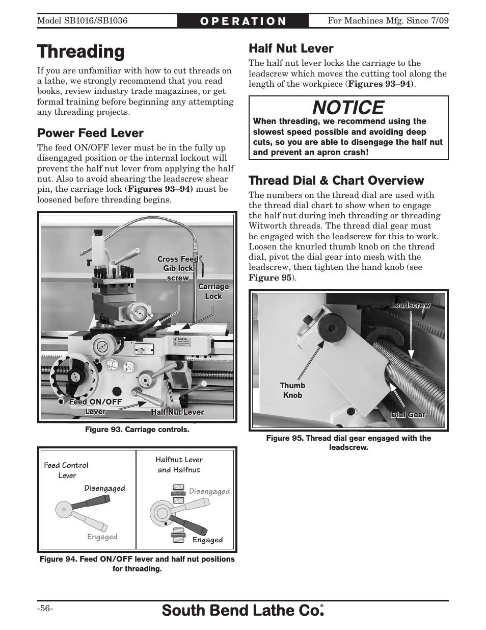 Threading, Half nut lever, Power feed lever | Thread dial & chart overview | Southbend 18' & 60: EVS Toolroom Lathes 220v sb1016 User Manual | Page 58 / 144