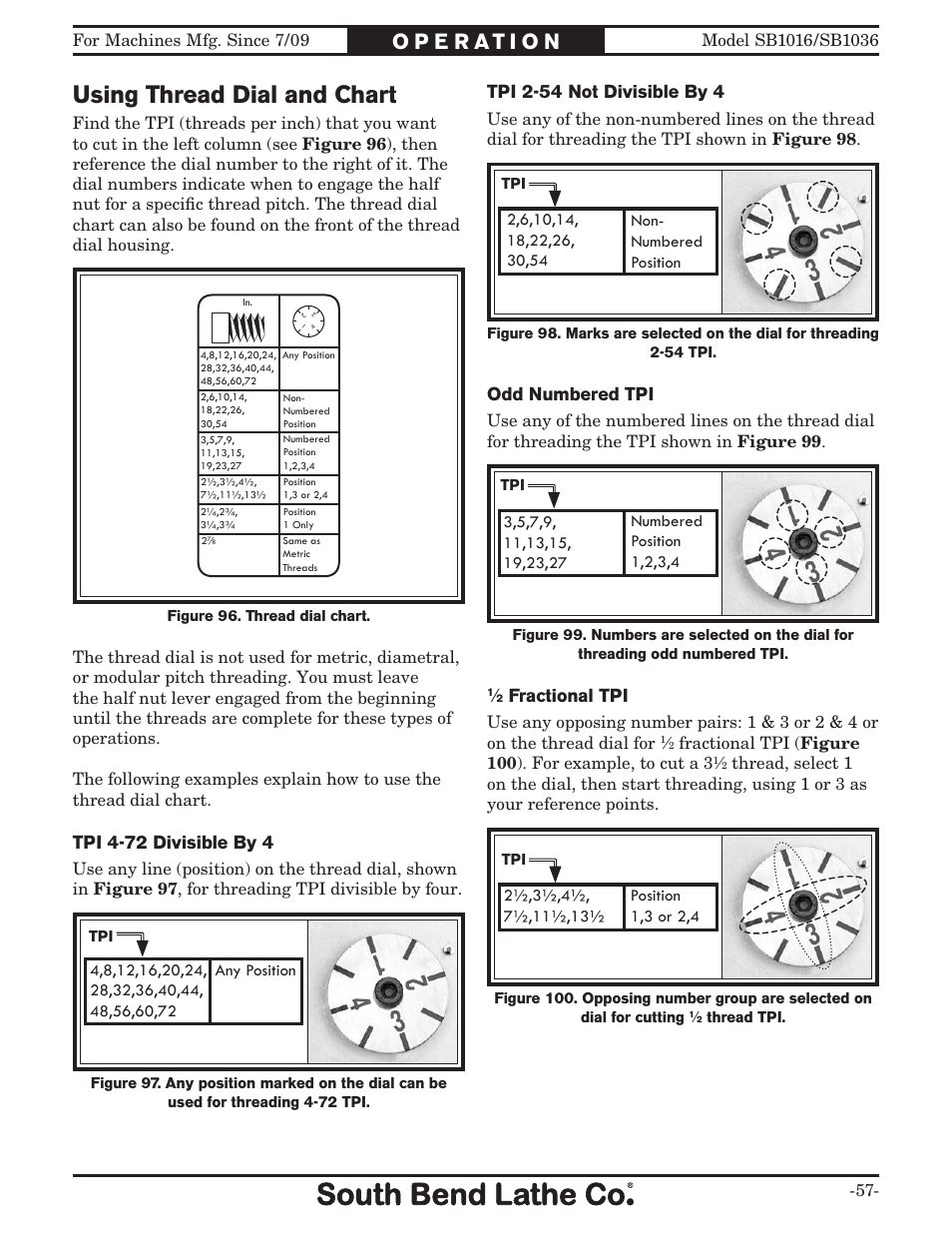 Using thread dial and chart, Tpi 4-72 divisible by 4, Tpi 2-54 not divisible by 4 | Odd numbered tpi, Fractional tpi | Southbend 18' & 60: EVS Toolroom Lathes 220v sb1016 User Manual | Page 59 / 144