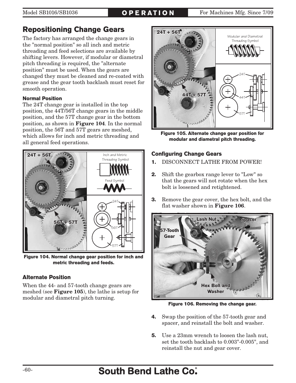 Repositioning change gears | Southbend 18' & 60: EVS Toolroom Lathes 220v sb1016 User Manual | Page 62 / 144