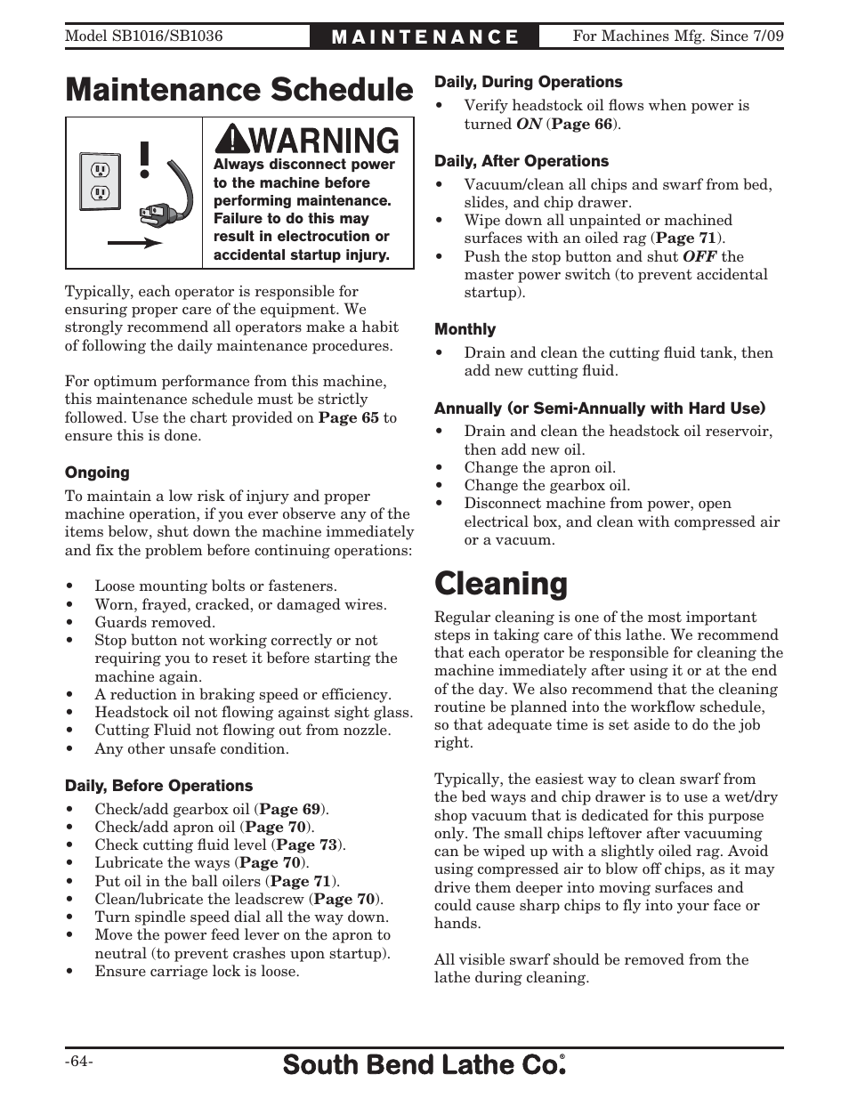 Maintenance schedule, Cleaning | Southbend 18' & 60: EVS Toolroom Lathes 220v sb1016 User Manual | Page 66 / 144