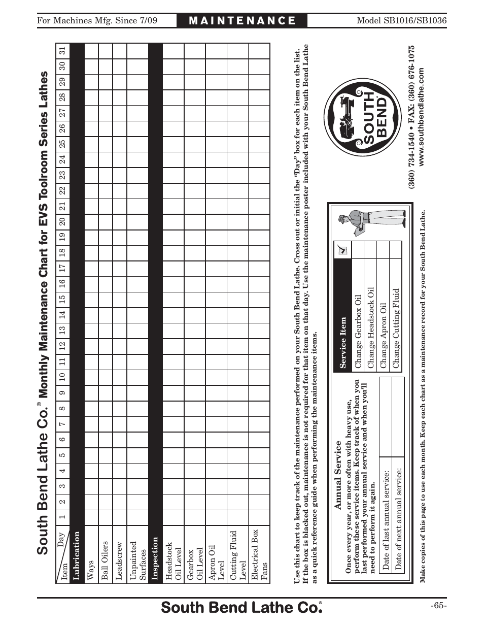 South bend la the co, Maintenance chart | Southbend 18' & 60: EVS Toolroom Lathes 220v sb1016 User Manual | Page 67 / 144