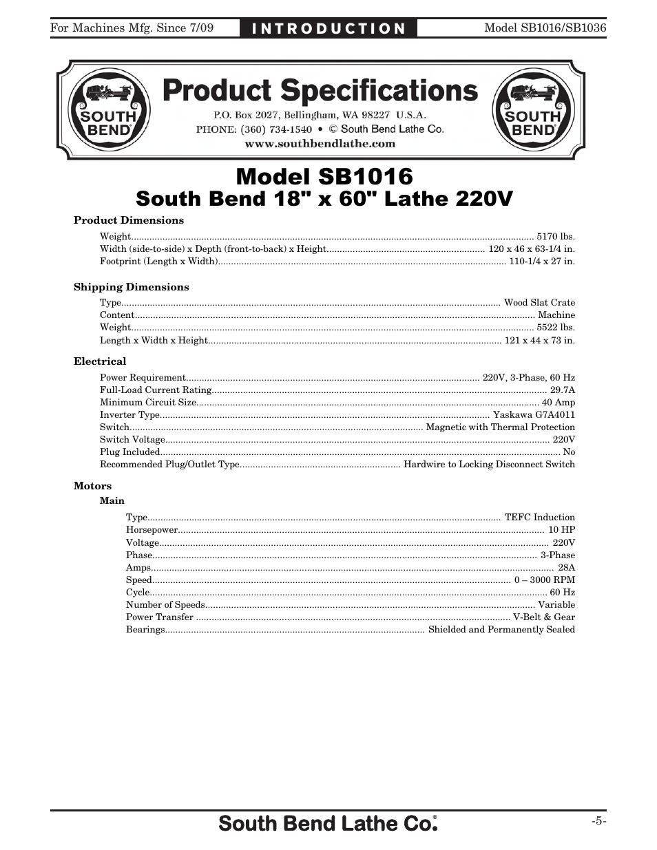 0rgho 6, 6rxwk %hqg  [  /dwkh 9 | Southbend 18' & 60: EVS Toolroom Lathes 220v sb1016 User Manual | Page 7 / 144