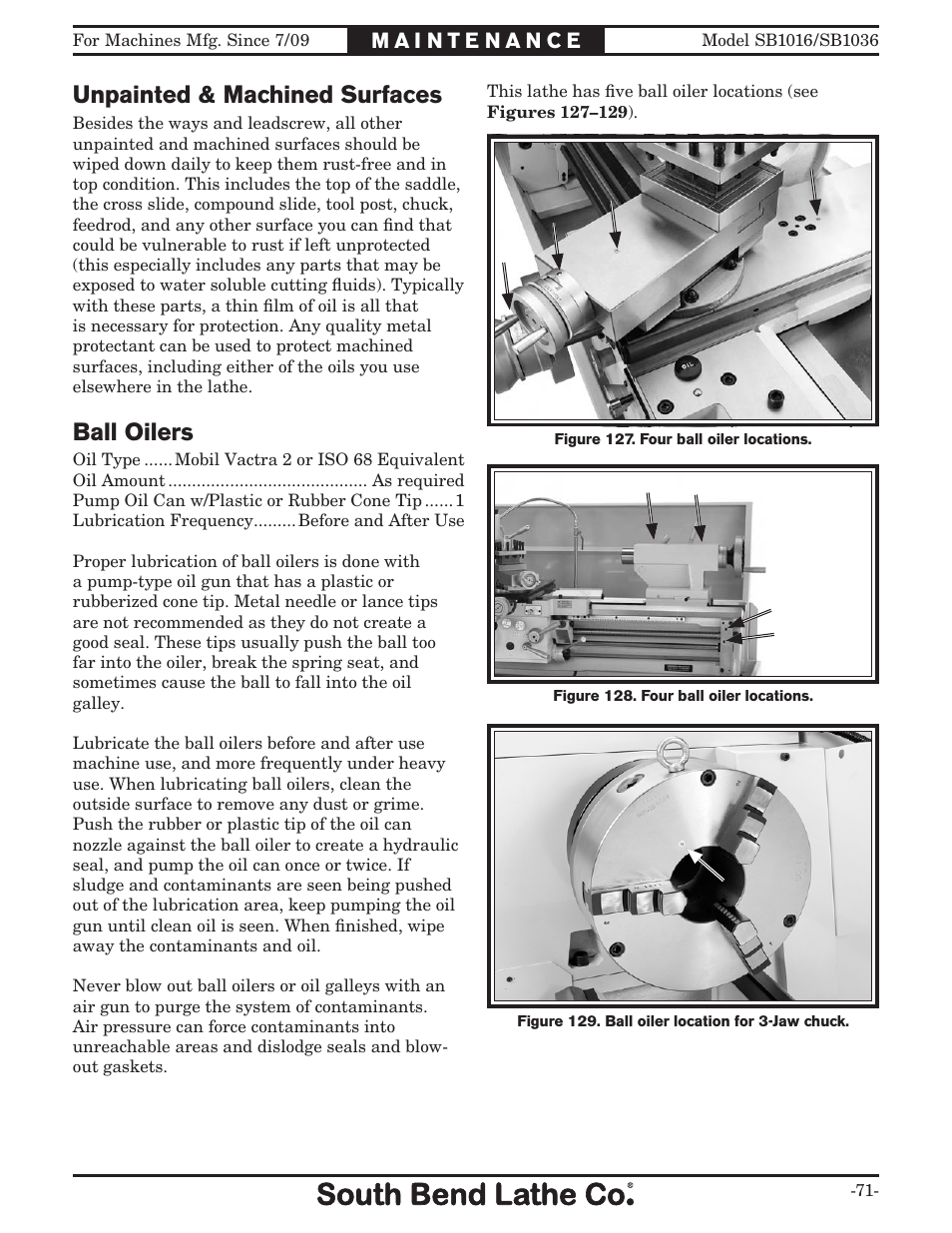 Unpainted & machined surfaces, Ball oilers | Southbend 18' & 60: EVS Toolroom Lathes 220v sb1016 User Manual | Page 73 / 144