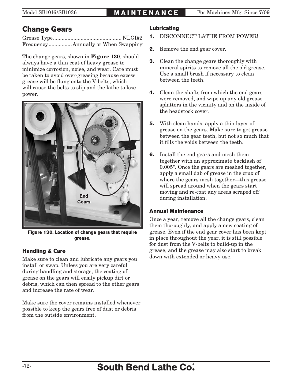 Change gears | Southbend 18' & 60: EVS Toolroom Lathes 220v sb1016 User Manual | Page 74 / 144