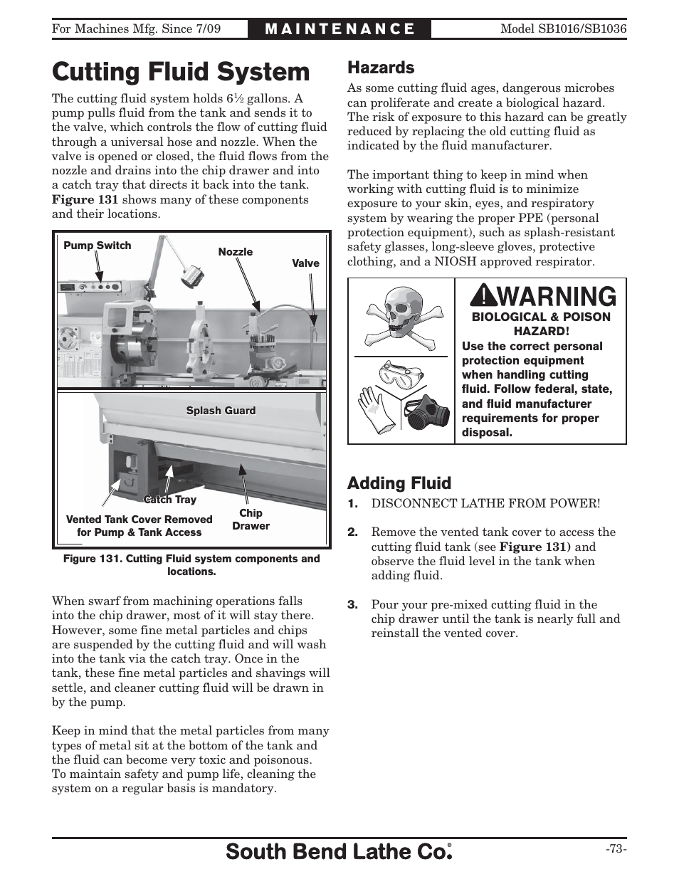 Cutting fluid system, Adding fluid, Hazards | Southbend 18' & 60: EVS Toolroom Lathes 220v sb1016 User Manual | Page 75 / 144