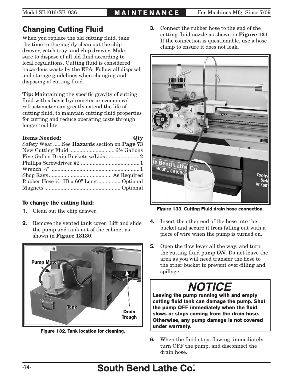 Changing cutting fluid | Southbend 18' & 60: EVS Toolroom Lathes 220v sb1016 User Manual | Page 76 / 144