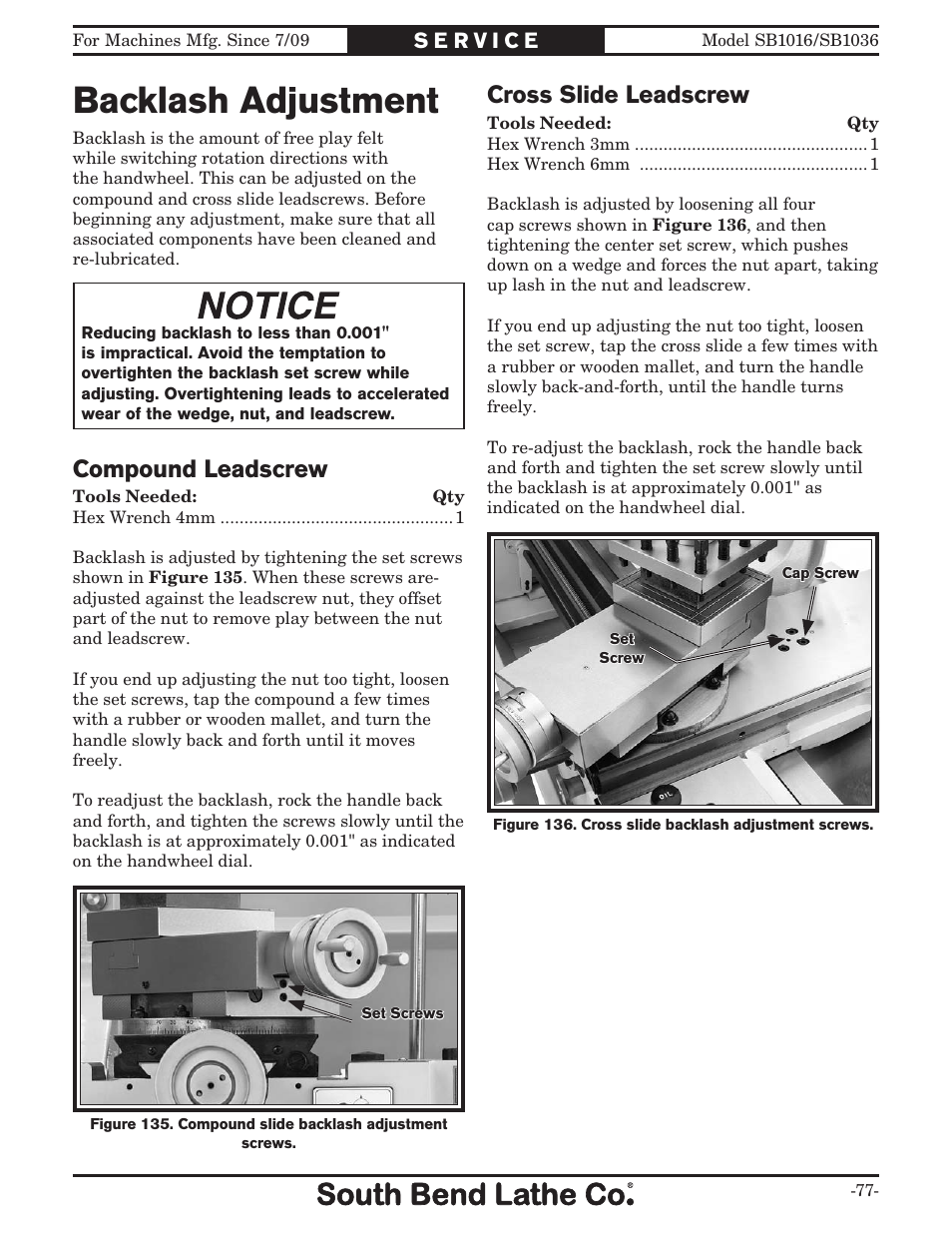 Backlash adjustment, Cross slide leadscrew, Compound leadscrew | Southbend 18' & 60: EVS Toolroom Lathes 220v sb1016 User Manual | Page 79 / 144