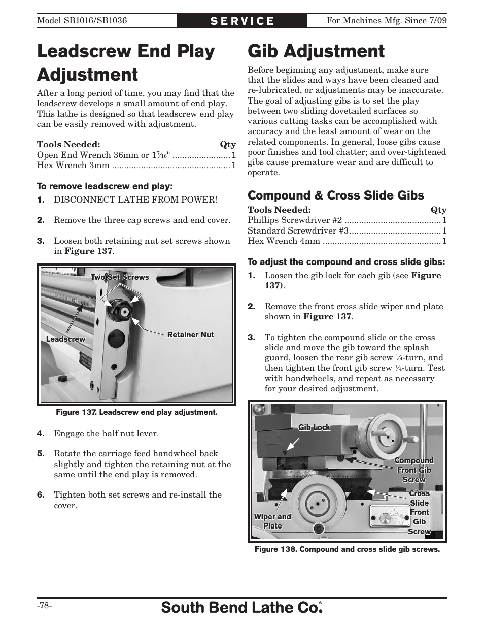 Leadscrew end play adjustment gib adjustment, Compound & cross slide gibs | Southbend 18' & 60: EVS Toolroom Lathes 220v sb1016 User Manual | Page 80 / 144