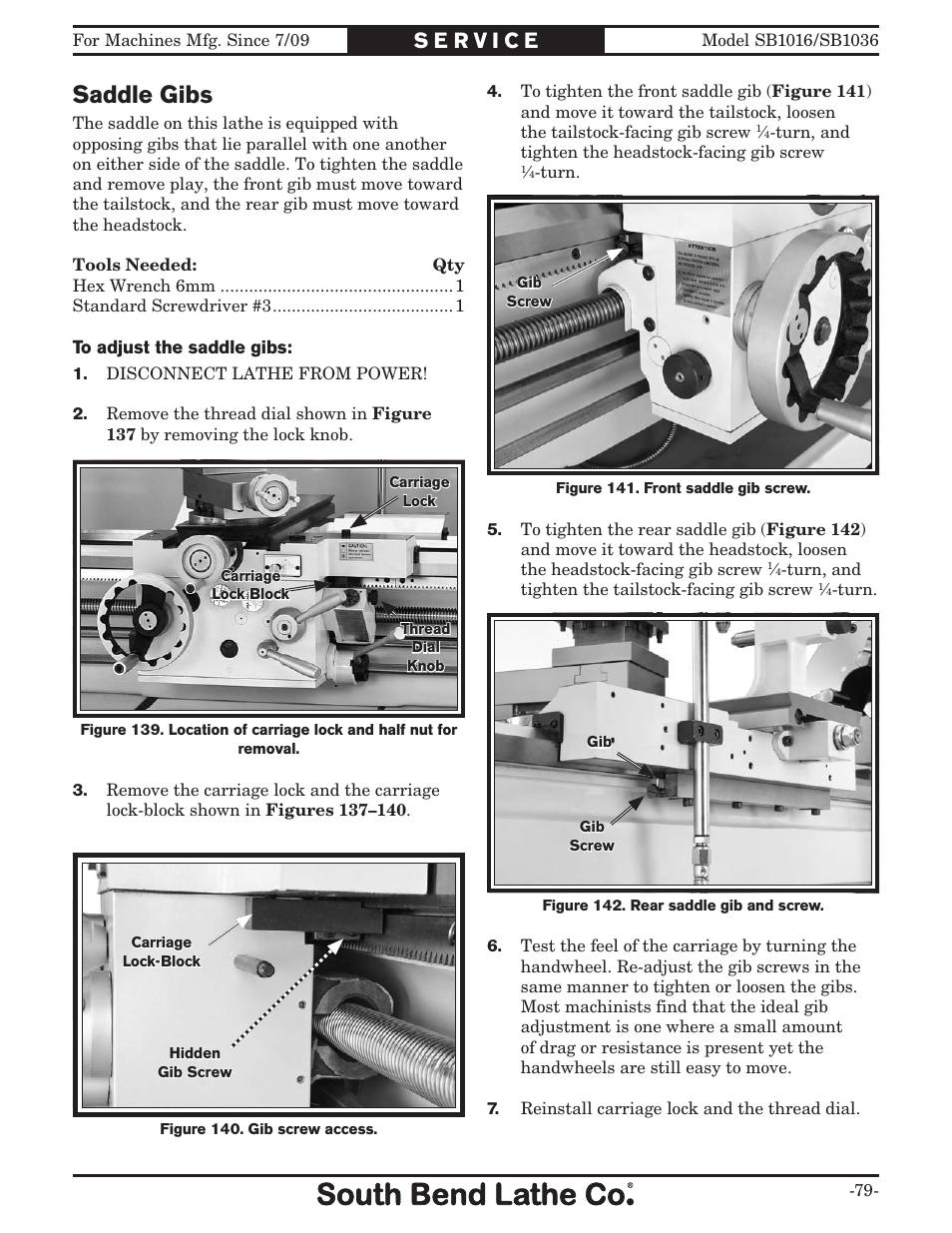 Saddle gibs | Southbend 18' & 60: EVS Toolroom Lathes 220v sb1016 User Manual | Page 81 / 144