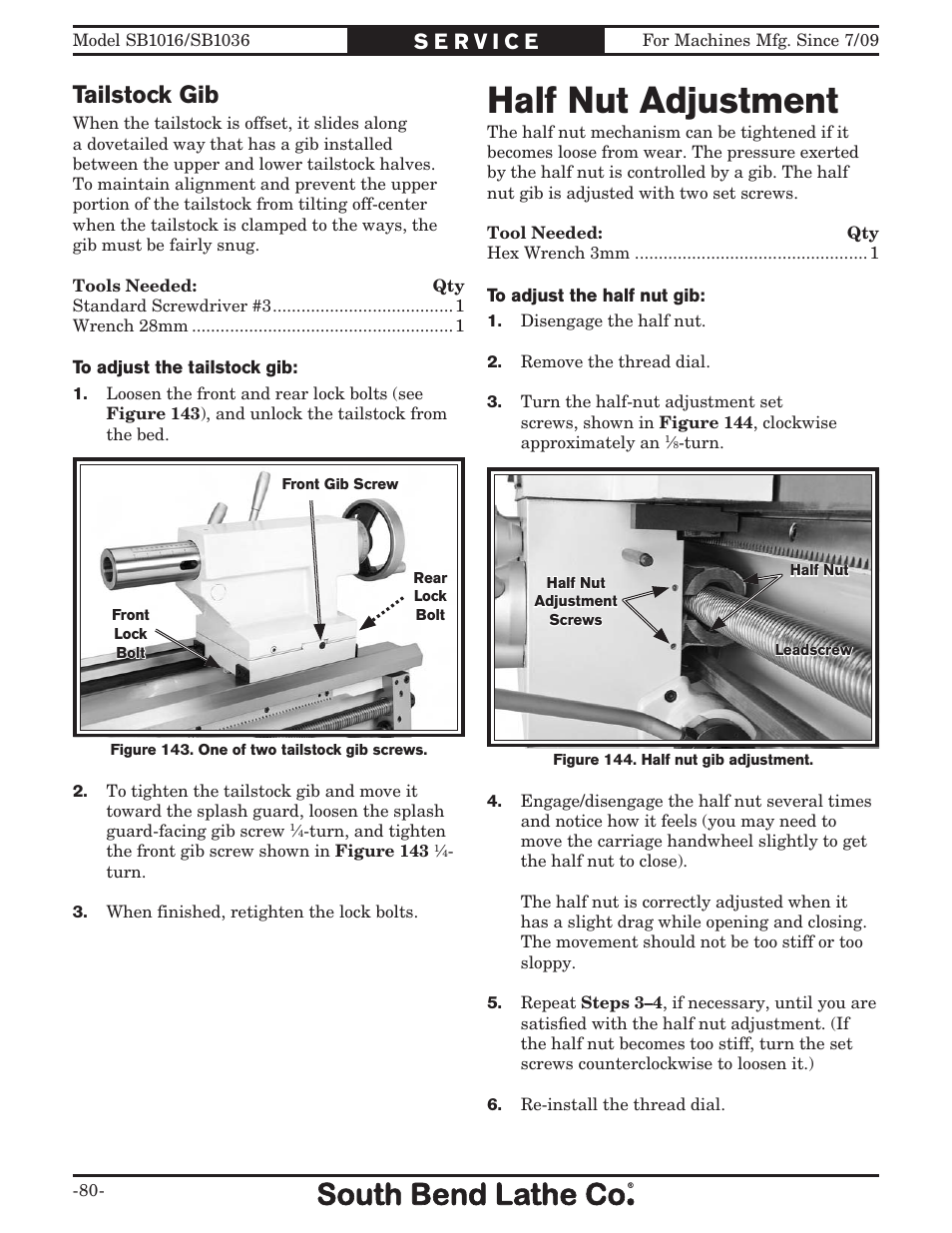 Half nut adjustment, Tailstock gib | Southbend 18' & 60: EVS Toolroom Lathes 220v sb1016 User Manual | Page 82 / 144