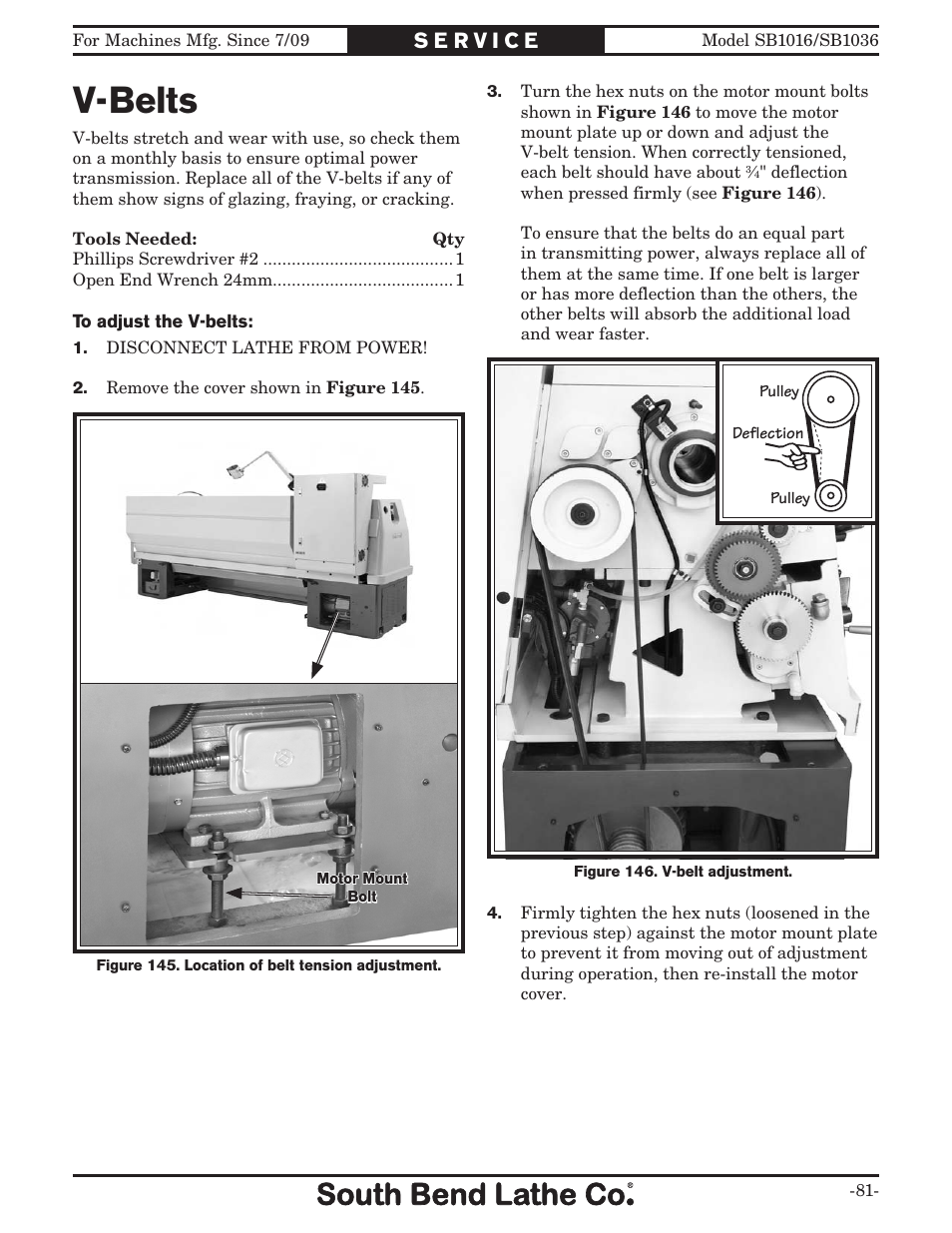 V-belts | Southbend 18' & 60: EVS Toolroom Lathes 220v sb1016 User Manual | Page 83 / 144