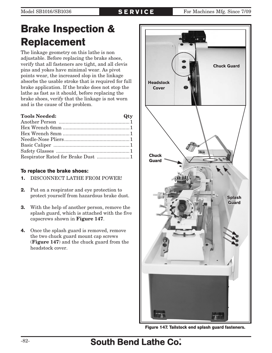 Brake inspection & replacement | Southbend 18' & 60: EVS Toolroom Lathes 220v sb1016 User Manual | Page 84 / 144