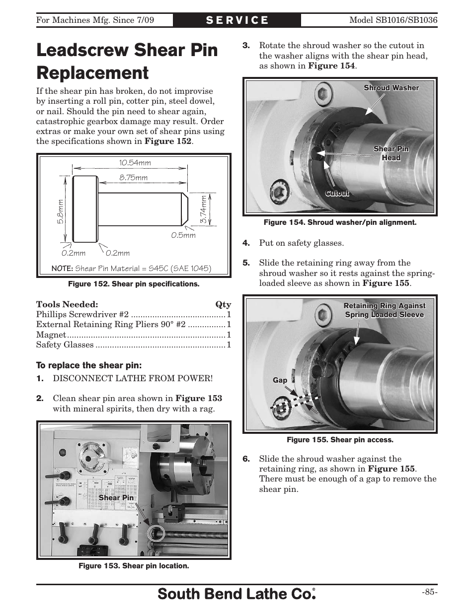 Leadscrew shear pin replacement | Southbend 18' & 60: EVS Toolroom Lathes 220v sb1016 User Manual | Page 87 / 144