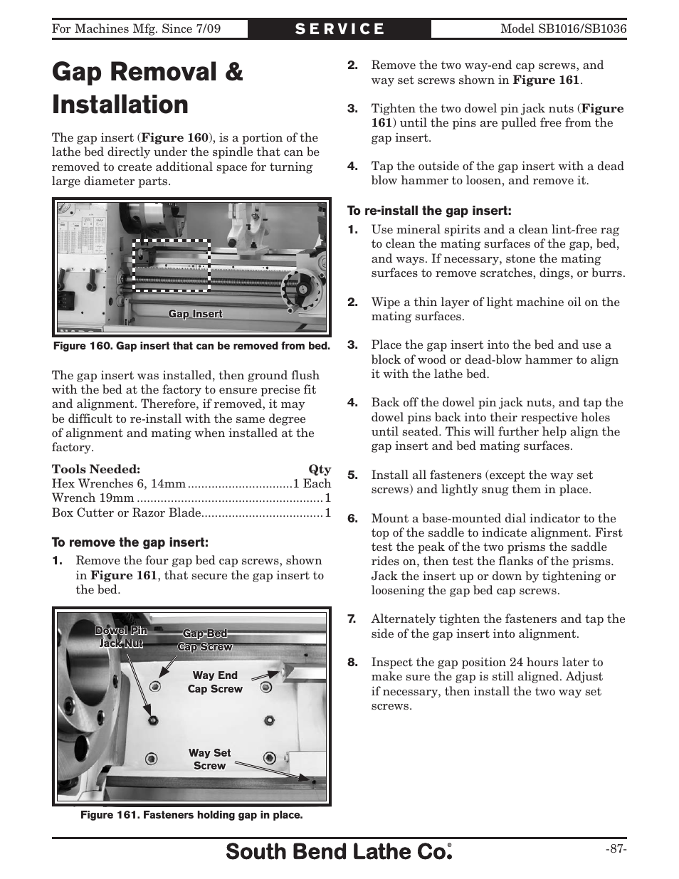 Gap removal & installation | Southbend 18' & 60: EVS Toolroom Lathes 220v sb1016 User Manual | Page 89 / 144