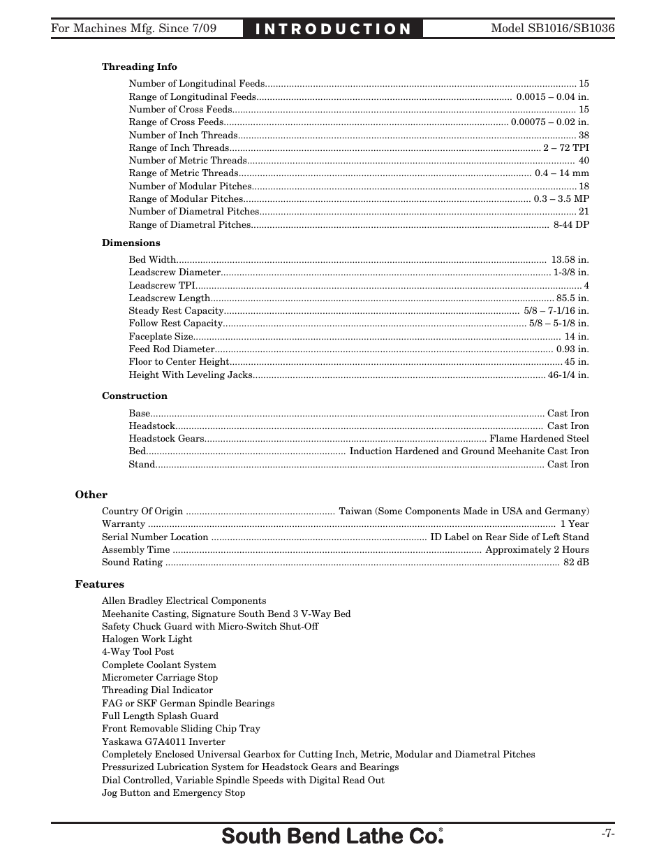 Southbend 18' & 60: EVS Toolroom Lathes 220v sb1016 User Manual | Page 9 / 144