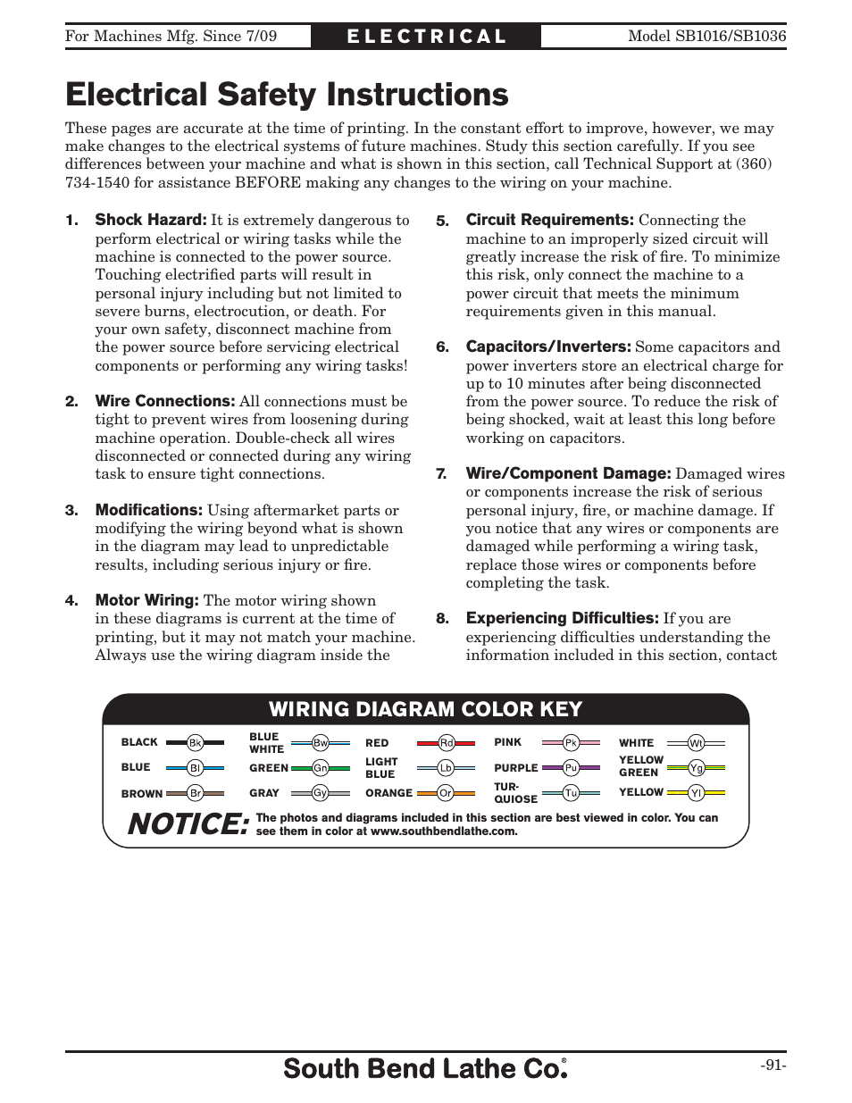 Electrical safety instructions, Notice, Wiring diagram color key | Southbend 18' & 60: EVS Toolroom Lathes 220v sb1016 User Manual | Page 93 / 144