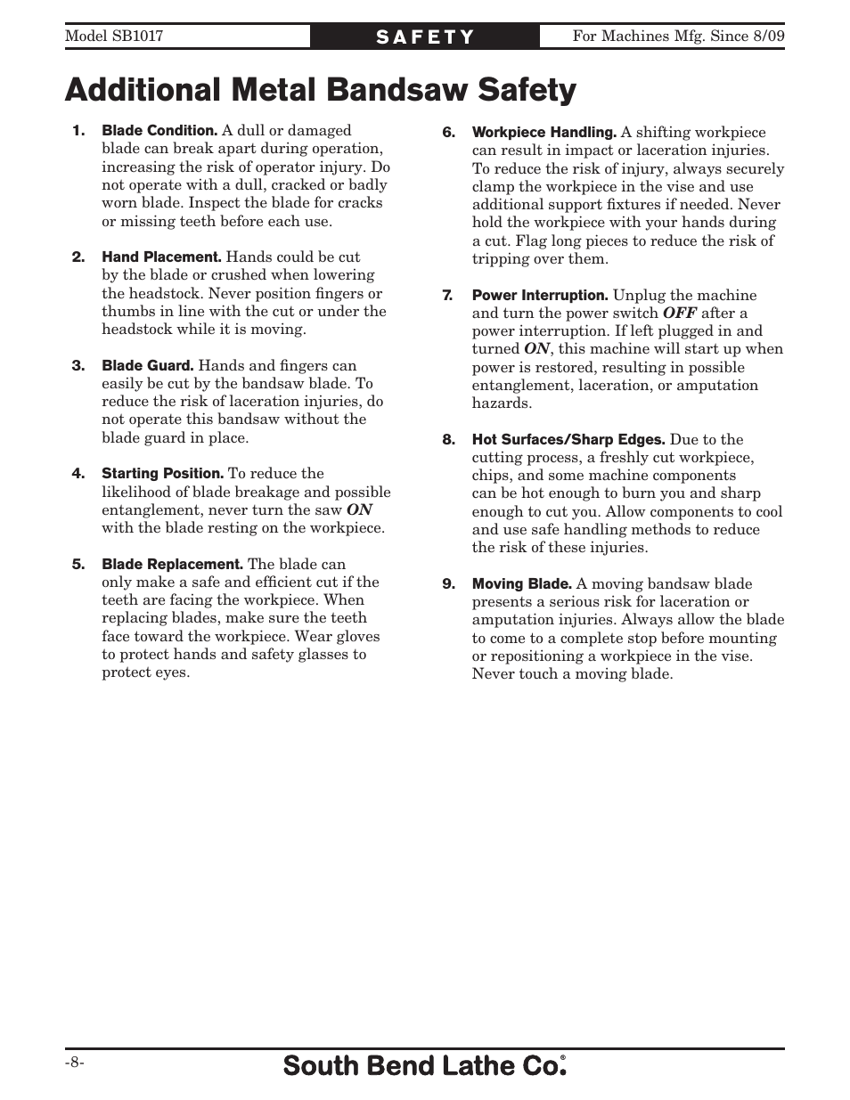 Additional metal bandsaw safety | Southbend SB1017 User Manual | Page 10 / 56